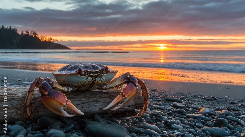 Poster captivating sunset at the beach featuring a crab on a log surrounded by smooth pebbles and gentle wa