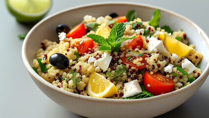 Healthy Quinoa Salad with Feta, Tomatoes, Olives, and Lemon.  A vibrant and nutritious meal.