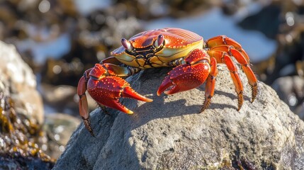 Vibrant Red Crab Perched on a Rocky Shoreline with Ocean Waves in the Background Showcasing the Beauty of Marine Life and Coastal Ecosystems
