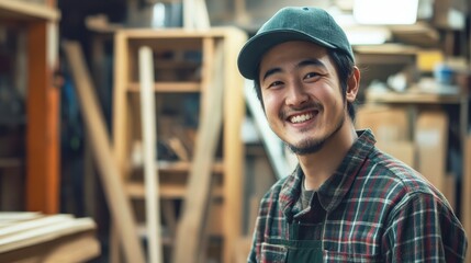 A carpenter at a workshop. A young Asian capenter smiles at the camera while being at his carpentry studio, surrounded by his woodwork and wooden materials in the background.