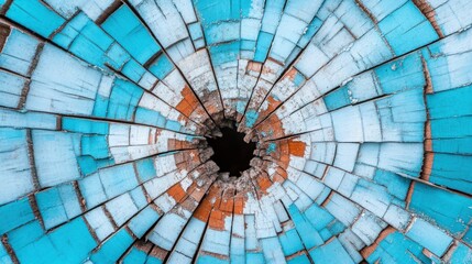 Naklejka premium Abstract View of a Wooden Surface with Blue and Orange Paint, Showing a Circular Pattern and Cracked Texture, Ideal for Creative Backgrounds and Art Projects