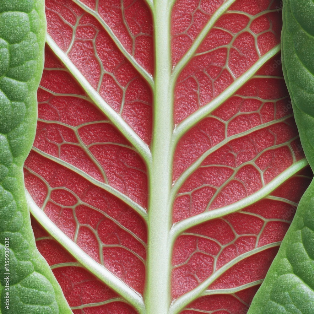 Poster close-up view of intricate leaf structure with vibrant red and green patterns highlighting nature's 