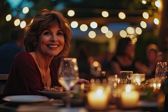 An elegant middle-aged woman smiles while sitting at an outdoor dining table with friends, surrounded by candles and string lights during the evening in the summer. - Powered by Adobe