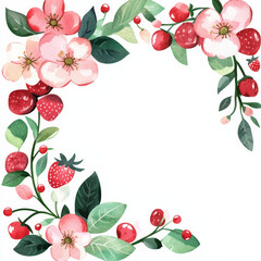Beautiful watercolor strawberry flowers and leaves create vibrant frame