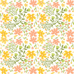 Seamless yellow floral pattern on white background, vector.