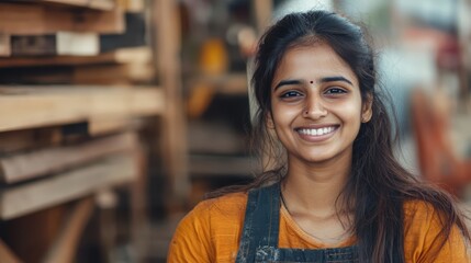A carpenter at a workshop. A young Indian female capenter smiles at the camera while being at her carpentry studio, surrounded by her woodwork and wooden materials in the background.