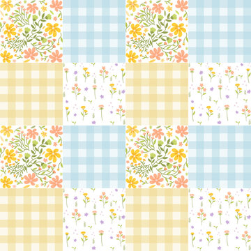 Seamless pattern of yellow flowers and blue checkerboard on white background, vector.