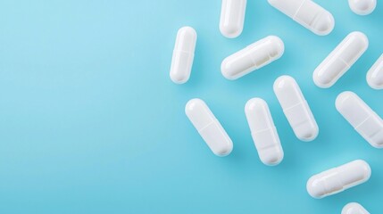 A collection of white capsules scattered on a light blue background, suggesting a pharmaceutical or health-related theme.