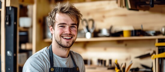 A carpenter at a workshop. A young American capenter smiles at the camera while being at his carpentry studio, surrounded by his woodwork and wooden materials in the background.