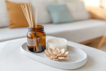 A chic tabletop setting displays an amber jar of incense sticks, a decorative flower, and a candle, providing a modern, calming touch to the decor.