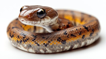 Fototapeta premium Close-up of a small, coiled snake with brown, orange, and black scales, large eyes, and a curious expression against a white background.