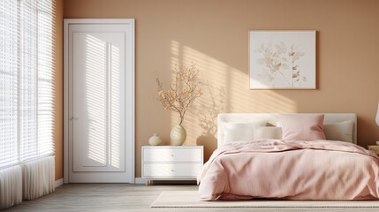 Sunlit bedroom with blush pink bedding, beige walls, and white door.