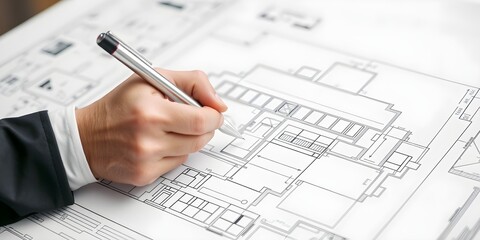architect working on project. An architect's hand meticulously draws a building plan with a pen, capturing the essence of architectural planning and design, emphasizing precision and creativity