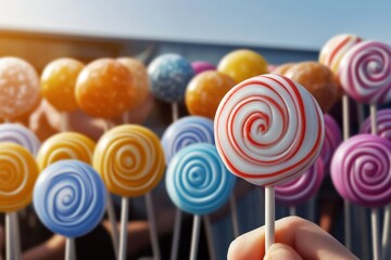 A hand proudly displays a striped lollipop amidst a background filled with diverse lollipops, showcasing an array of sweet and vibrant confectionery options.