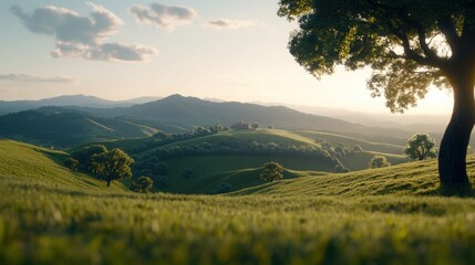 Obraz premium Serene Rural Landscape at Sunset with Rolling Hills, Lush Greenery, and Majestic Trees Illuminated by Soft Golden Light in Idyllic Countryside Setting