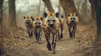 Fototapeta premium Five Hyenas Approaching the Camera through a Dense Forest Path with Natural Lighting and Earthy Tones Capturing a Wild and Untamed Atmosphere