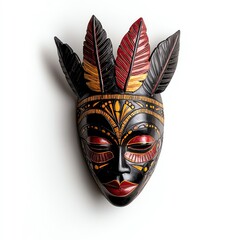 An intricately designed tribal mask featuring vibrant colors and feather details, perfect for cultural exhibitions or artistic displays.