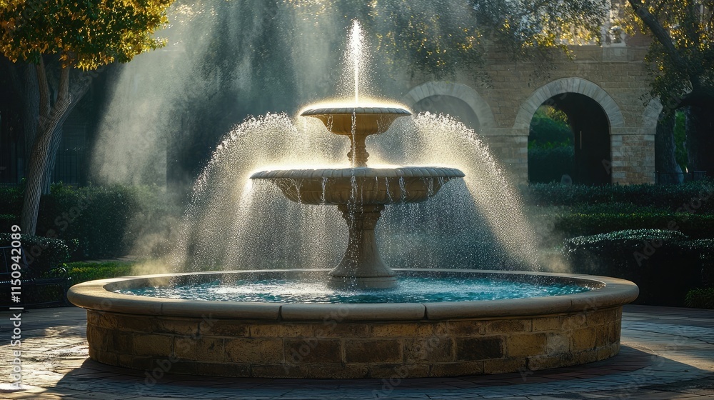 Poster majestic fountain in a serene park setting surrounded by lush greenery and soft sunlight, creating a