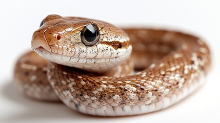 Obraz premium Close-up of a small brown snake coiled on a white background.