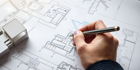 architect working on project. An architect's hand meticulously draws a building plan with a pen, capturing the essence of architectural planning and design, emphasizing precision and creativity