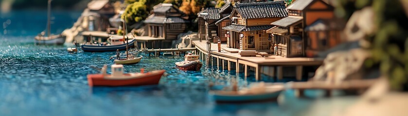 Fototapeta premium A picturesque miniature coastal village with colorful boats and charming houses. Ideal for showcasing serene waterfront scenes and unique model creations.