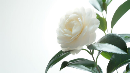 White camellia flower isolated against a pure white background