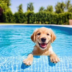 Happy Golden Retriever Puppy Enjoying a Refreshing Swim in a Bright Blue Pool Surrounded by Lush Green Grass and Trees Under a Clear Sunny Sky