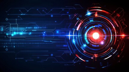 Fototapeta premium Futuristic Technology Abstract Background with Blue and Red Glowing Circular Patterns and Light Effects for Digital Design and Multimedia Applications