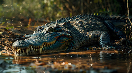 Obraz premium Wild Crocodile Sunbathing on Riverbank, Displaying Majestic and Predatory Features in Natural Habitat