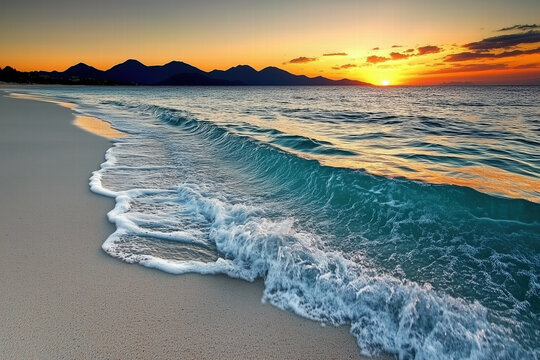 serene beach at sunset with gentle waves and mountains in background Generative Ai