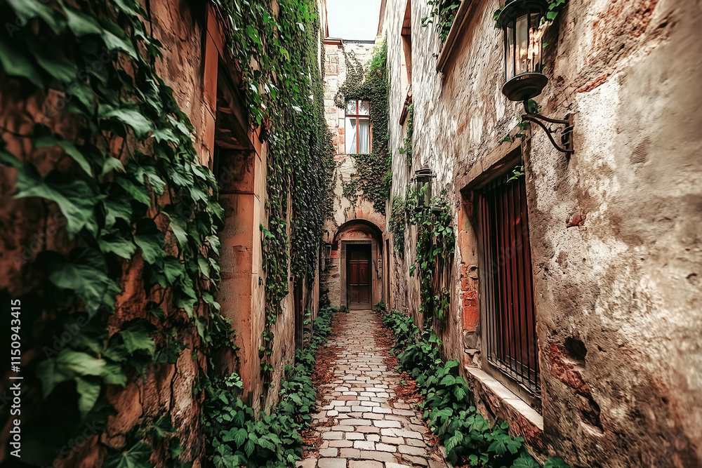 Poster narrow alleyway with ivy covered walls and cobblestone path generative ai