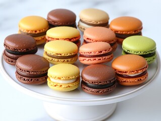 Obraz premium A colorful assortment of macarons displayed on a white cake stand.
