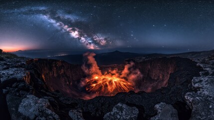 Majestic Eruption of Volcano Under the Starry Sky with Milky Way and Glowing Lava Flowing in Dramatic Night Landscape Captured in Breathtaking Panorama