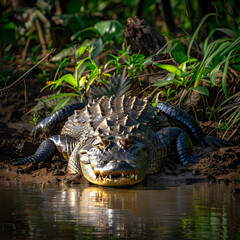 Fototapeta premium Wild Crocodile Sunbathing on Riverbank, Displaying Majestic and Predatory Features in Natural Habitat