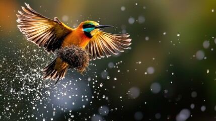 Obraz premium Majestic Bee-eater in Flight Amid Rain Shower, Softly Lit Droplets Highlighting the Scene