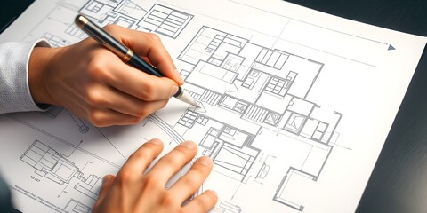 architect working on project. An architect's hand meticulously draws a building plan with a pen, capturing the essence of architectural planning and design, emphasizing precision and creativity