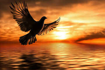 bird soaring over tranquil sea at sunset, creating serene scene. Generative Ai