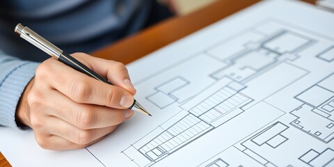 architect working on project. An architect's hand meticulously draws a building plan with a pen, capturing the essence of architectural planning and design, emphasizing precision and creativity
