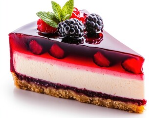 A slice of layered cheesecake topped with berries and a glossy jelly glaze.
