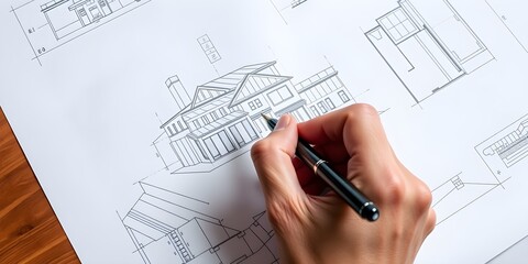 architect working on project. An architect's hand meticulously draws a building plan with a pen, capturing the essence of architectural planning and design, emphasizing precision and creativity