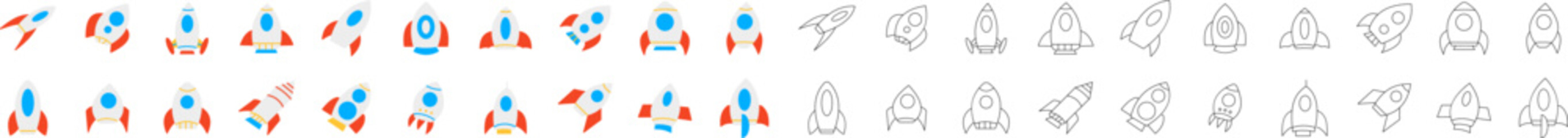 A vibrant collection of rocket icons in red, blue, and white, with bold and outline styles. Representing innovation, startups, space exploration, and growth, ideal for branding and tech projects.