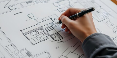 architect working on project. An architect's hand meticulously draws a building plan with a pen, capturing the essence of architectural planning and design, emphasizing precision and creativity