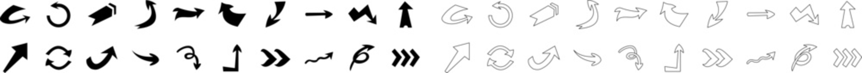 A versatile set of black and white arrow icons featuring curved, angular, and abstract designs. Ideal for navigation, direction, flowcharts, infographics, and creative graphic projects.