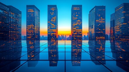 Illuminated Skyscrapers Reflecting at Sunset Cityscape