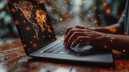Person using laptop with global network overlay.