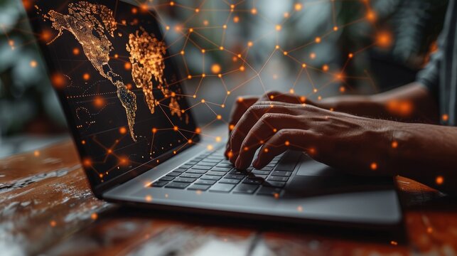 Person using laptop with global network overlay.