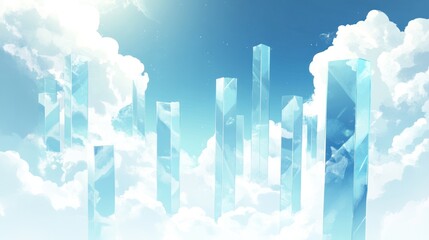 A surreal cityscape of crystalline structures nestled amongst fluffy clouds in a vibrant, light-filled sky.