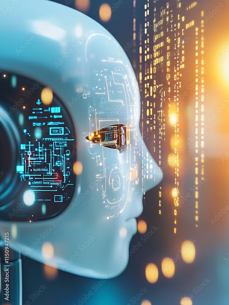 Poster futuristic robot head with digital interface and data streams