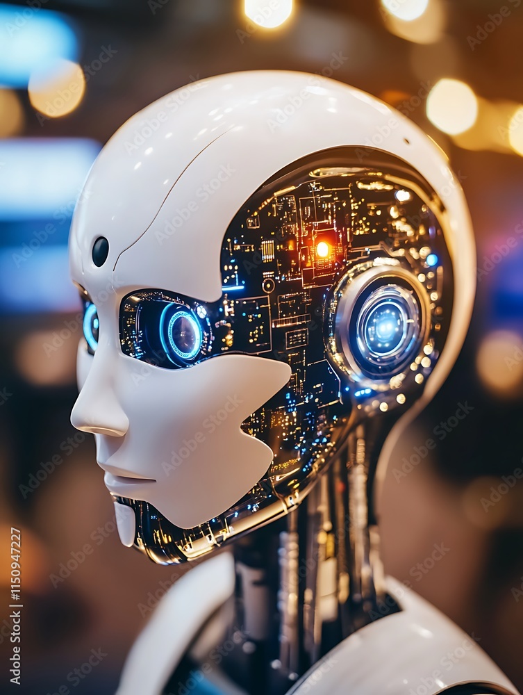 Poster futuristic robot head with illuminated circuit board design