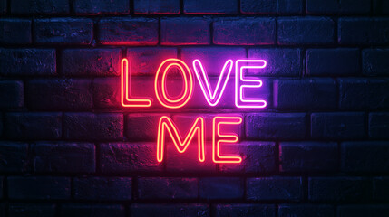 Obraz premium A glowing neon sign that says 'Love Me' in stylish script, set against a dark brick wall, modern and vibrant aesthetic, bold neon colors.
